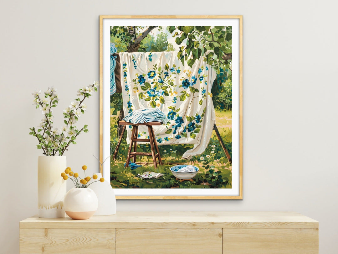 Blue Flora Sheets - Vintage Backyard Bedlinen, Stretched Canvas or Wall Art Print I Heart Wall Art