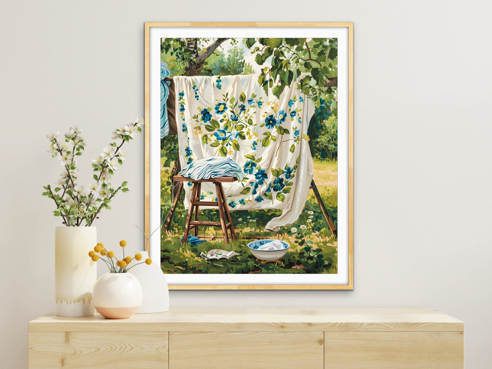 Blue Flora Sheets - Vintage Backyard Bedlinen, Stretched Canvas or Wall Art Print I Heart Wall Art