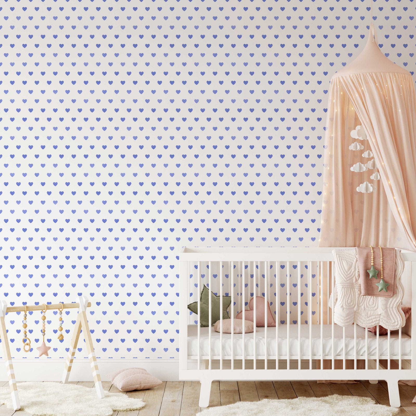 Blue Glitter-Look Loveheart Wallpaper - Quality Peel and Stick Adhesive