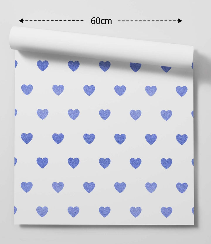 Blue Glitter-Look Loveheart Wallpaper - Quality Peel and Stick Adhesive