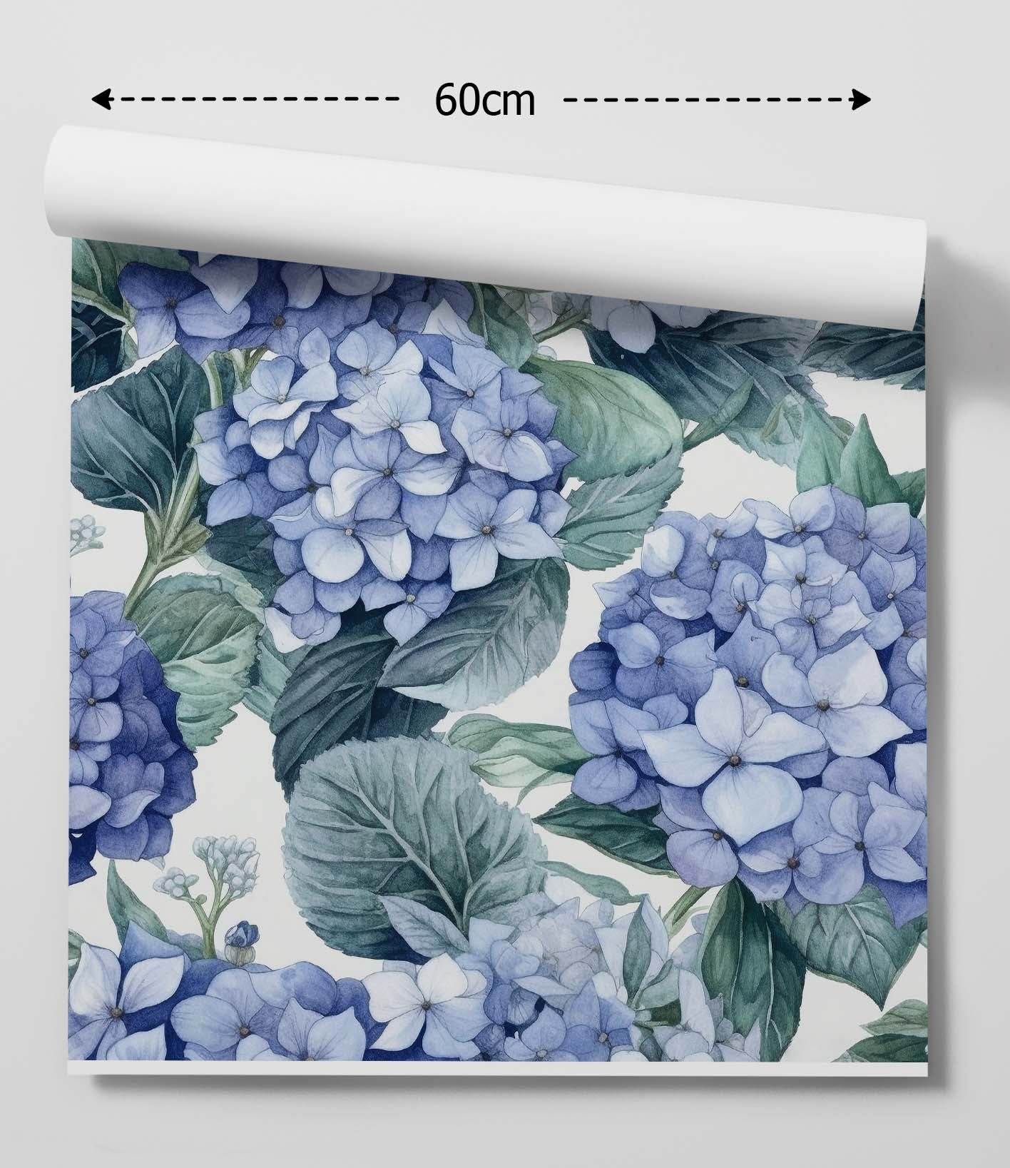 A roll of blue hydrangea classic floral peel and stick removable wallpaper with detailed botanical print on off-white background