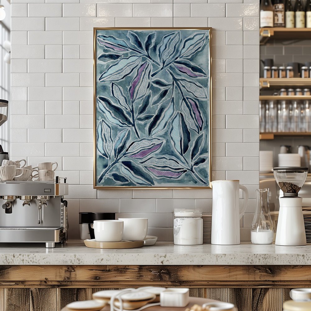 Blue &amp;amp; Lavender Leaves - Stretched Canvas, Poster or Fine Art Print - I Heart Wall Art - Poster Print, Canvas Print or Framed Art Print