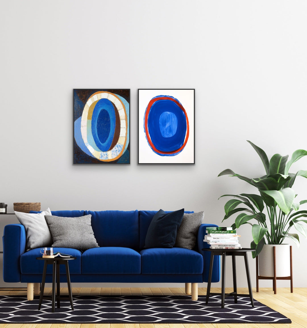 Blue Soul - Abstract Two Piece Set, Contemporary Blue &amp; Red Geometric Stretched Canvas or Wall Art Print I Heart Wall Art Australia