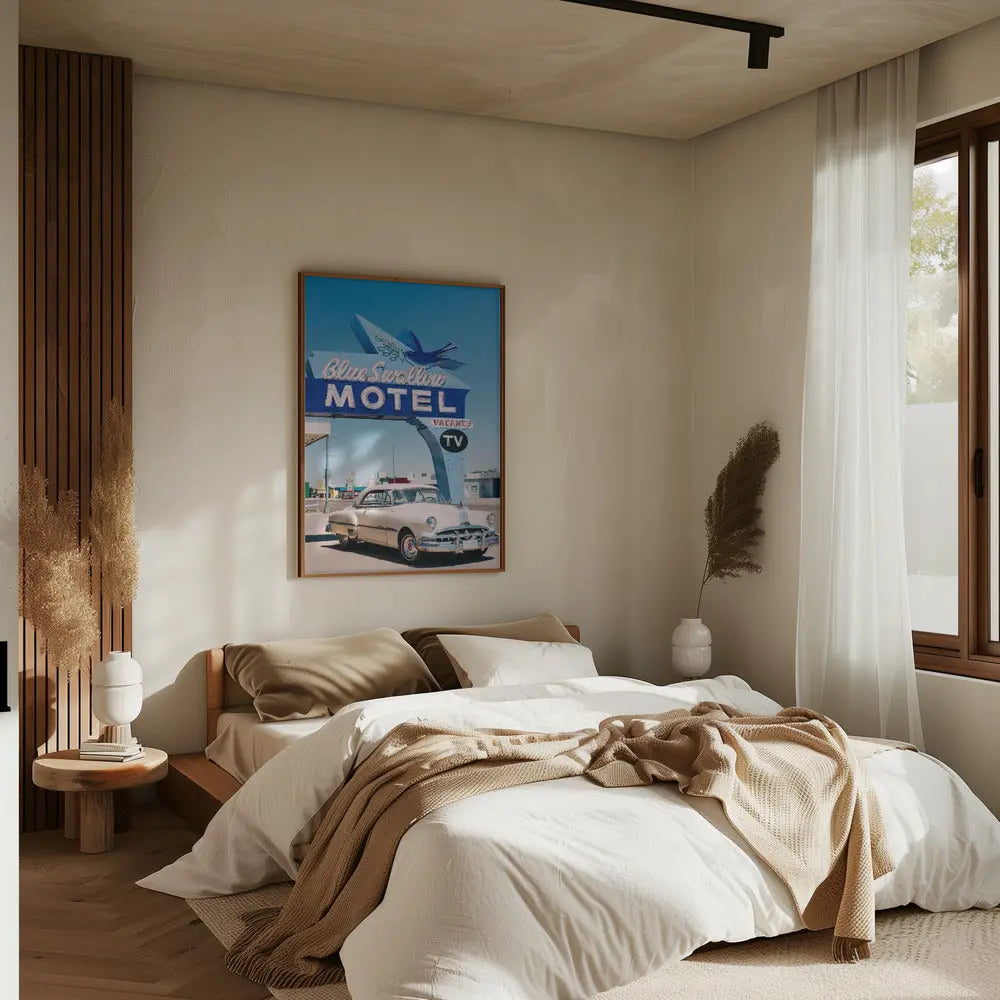 Blue Swallow Motel - Stretched Canvas, Poster or Fine Art Print I Heart Wall Art