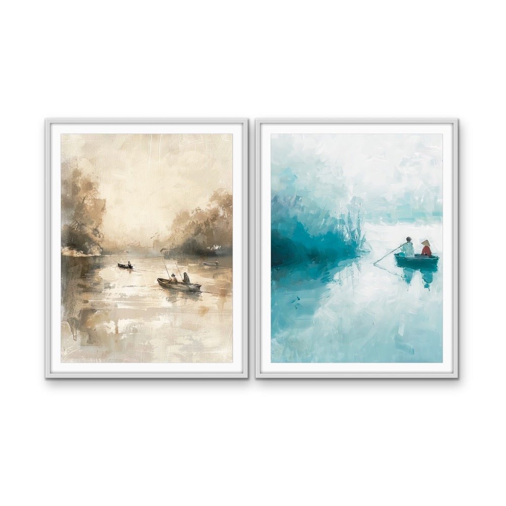 Boat Seasons - Two Piece Vintage &amp; Blue Set, Stretched Canvas or Wall Art Print - I Heart Wall Art - Poster Print, Canvas Print or Framed Art Print