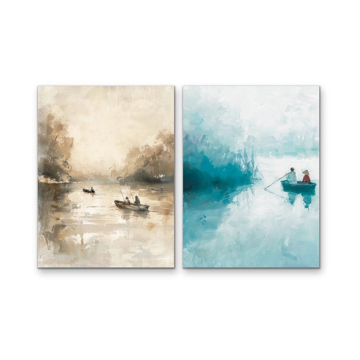 Boat Seasons - Two Piece Vintage &amp; Blue Set, Stretched Canvas or Wall Art Print - I Heart Wall Art - Poster Print, Canvas Print or Framed Art Print