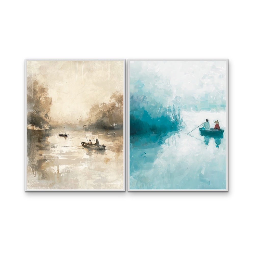 Boat Seasons - Two Piece Vintage &amp; Blue Set, Stretched Canvas or Wall Art Print - I Heart Wall Art - Poster Print, Canvas Print or Framed Art Print