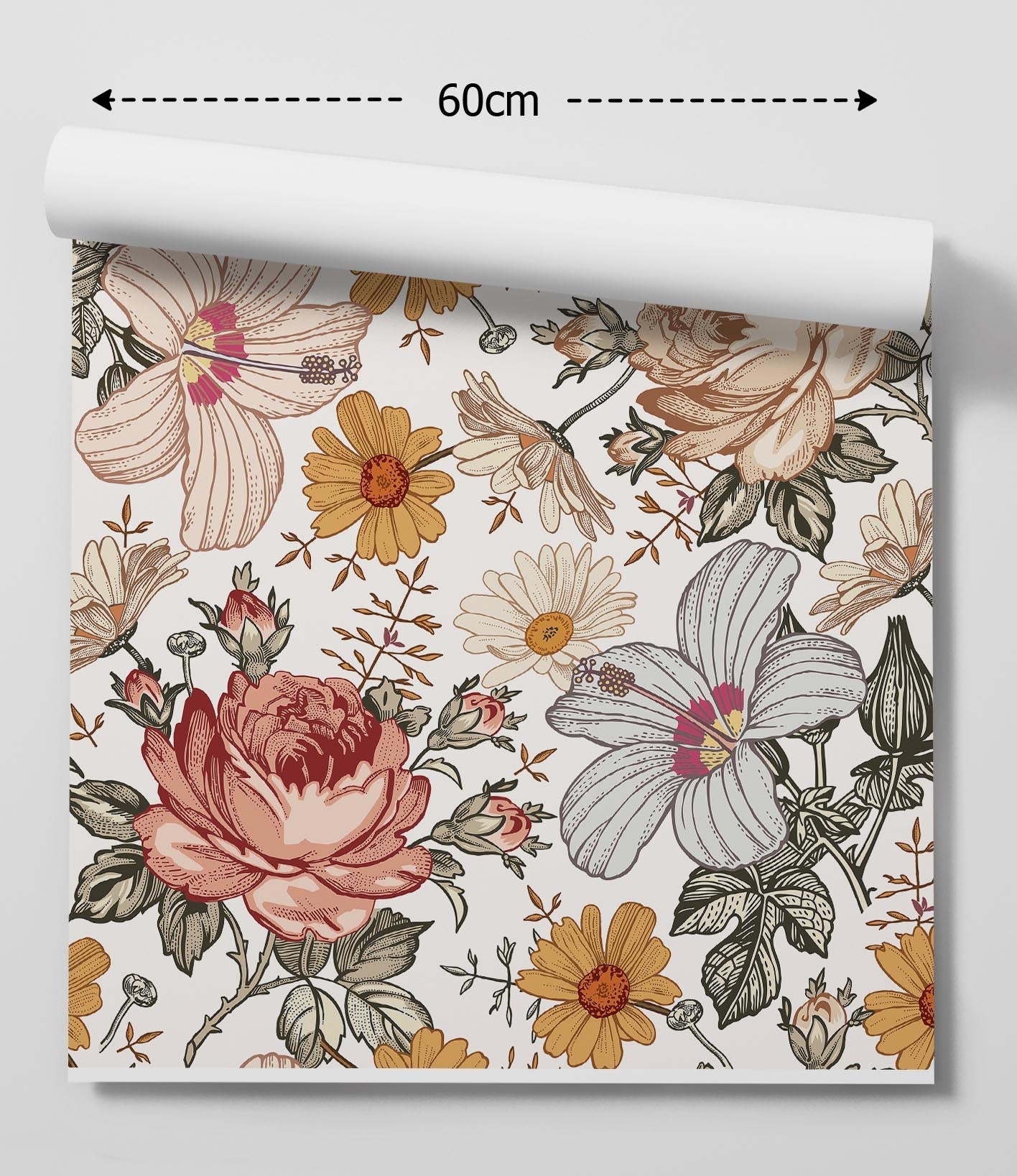A roll of bohemian garden floral boho style peel and stick wallpaper with pink yellow and beige flowers on off-white background
