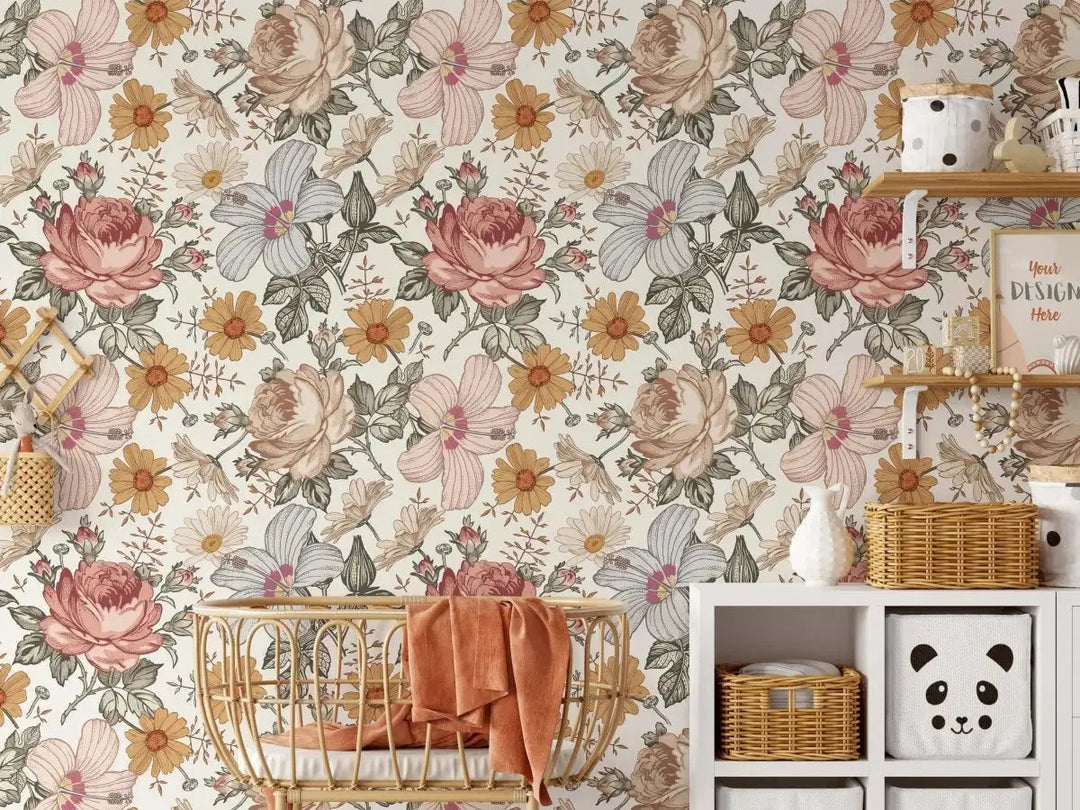 Bohemian Garden - Floral Boho Style Kids Or Adults Peel and Stick Wallpaper - I Heart Wall Art - Poster Print, Canvas Print or Framed Art Print
