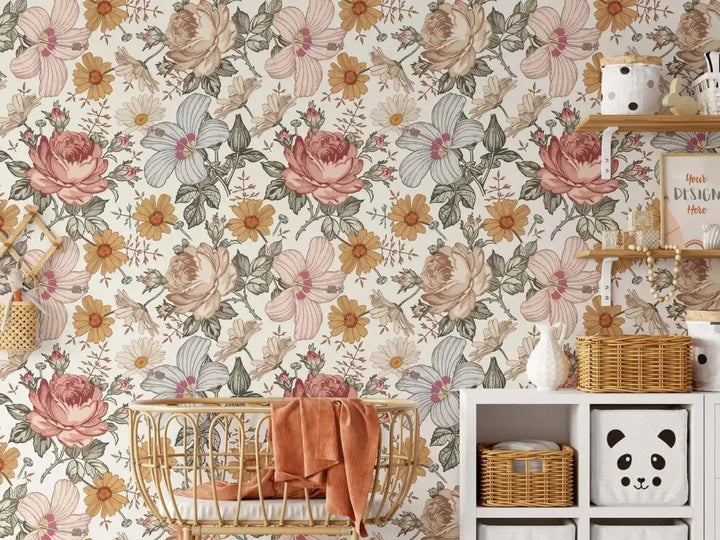 Bohemian Garden - Floral Boho Style Kids Or Adults Peel and Stick Wallpaper - I Heart Wall Art - Poster Print, Canvas Print or Framed Art Print