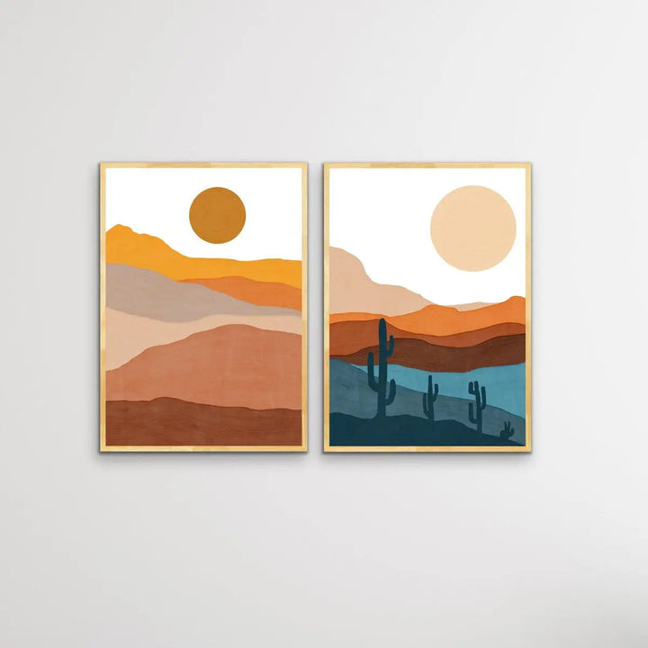 Bohemian Mountains - Two Piece Gouache Boho Style Desert Print Set Diptych - I Heart Wall Art - Poster Print, Canvas Print or Framed Art Print
