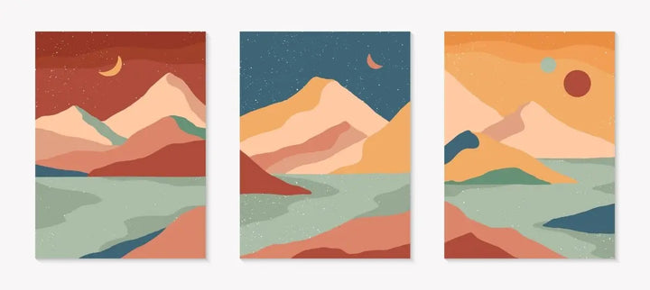 Boho Mountain Surreal Landscape Three Piece Art and Canvas Print Set Triptych - I Heart Wall Art - Poster Print, Canvas Print or Framed Art Print