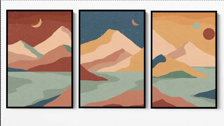 Boho Mountain Surreal Landscape Three Piece Art and Canvas Print Set Triptych - I Heart Wall Art - Poster Print, Canvas Print or Framed Art Print