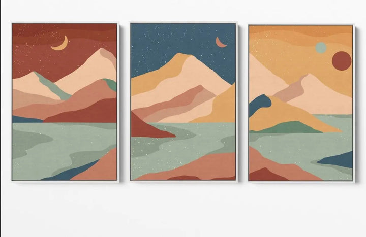 Boho Mountain Surreal Landscape Three Piece Art and Canvas Print Set Triptych - I Heart Wall Art - Poster Print, Canvas Print or Framed Art Print