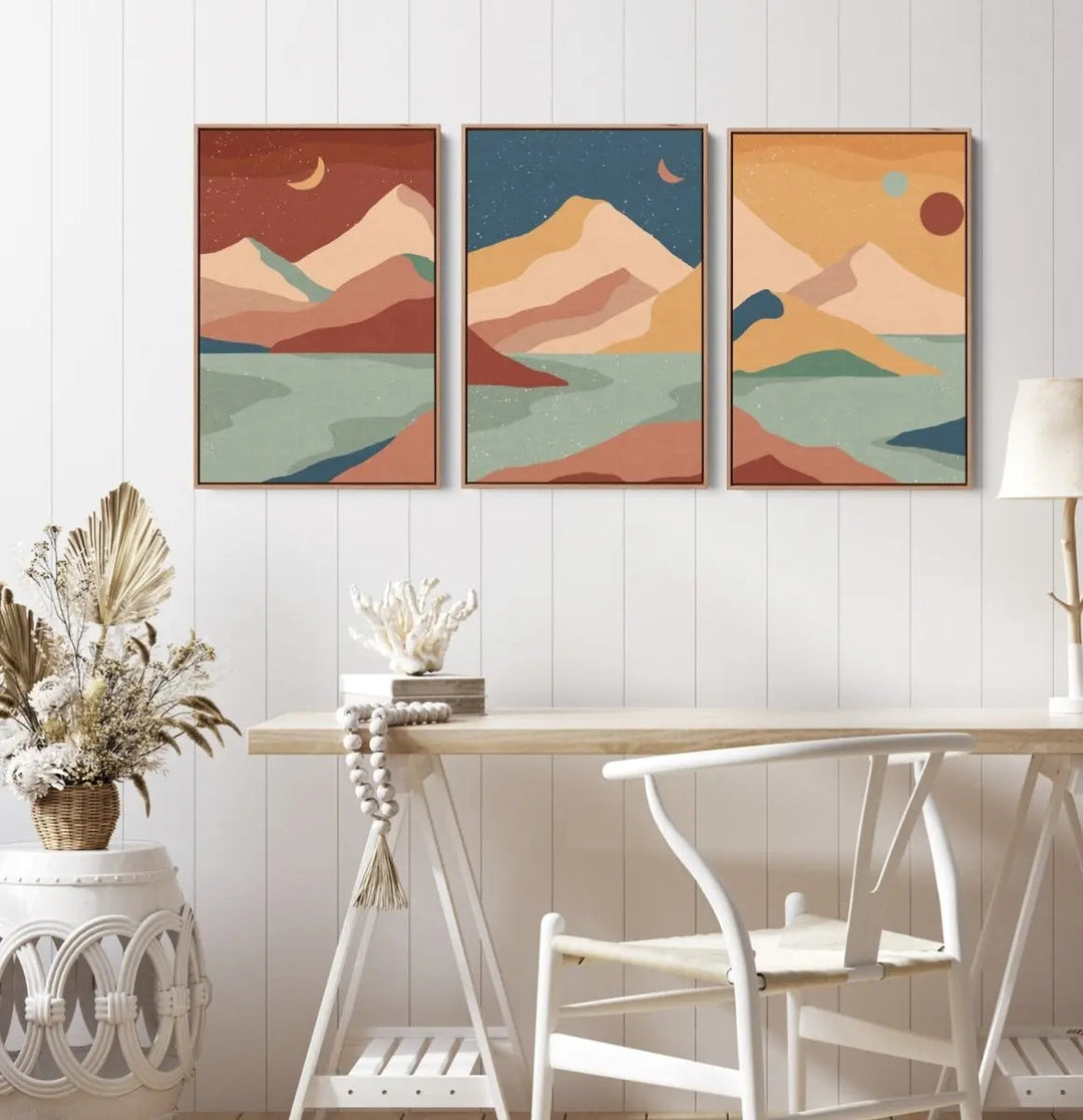 Boho Mountain Surreal Landscape Three Piece Art and Canvas Print Set Triptych - I Heart Wall Art - Poster Print, Canvas Print or Framed Art Print