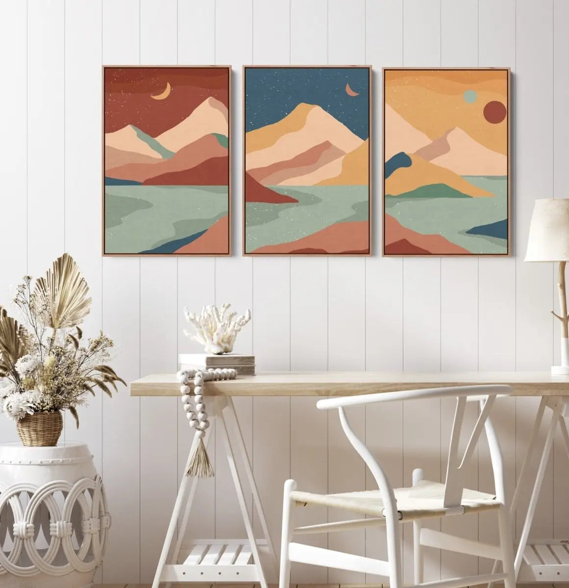 Boho Mountain Surreal Landscape Three Piece Art and Canvas Print Set Triptych - I Heart Wall Art - Poster Print, Canvas Print or Framed Art Print