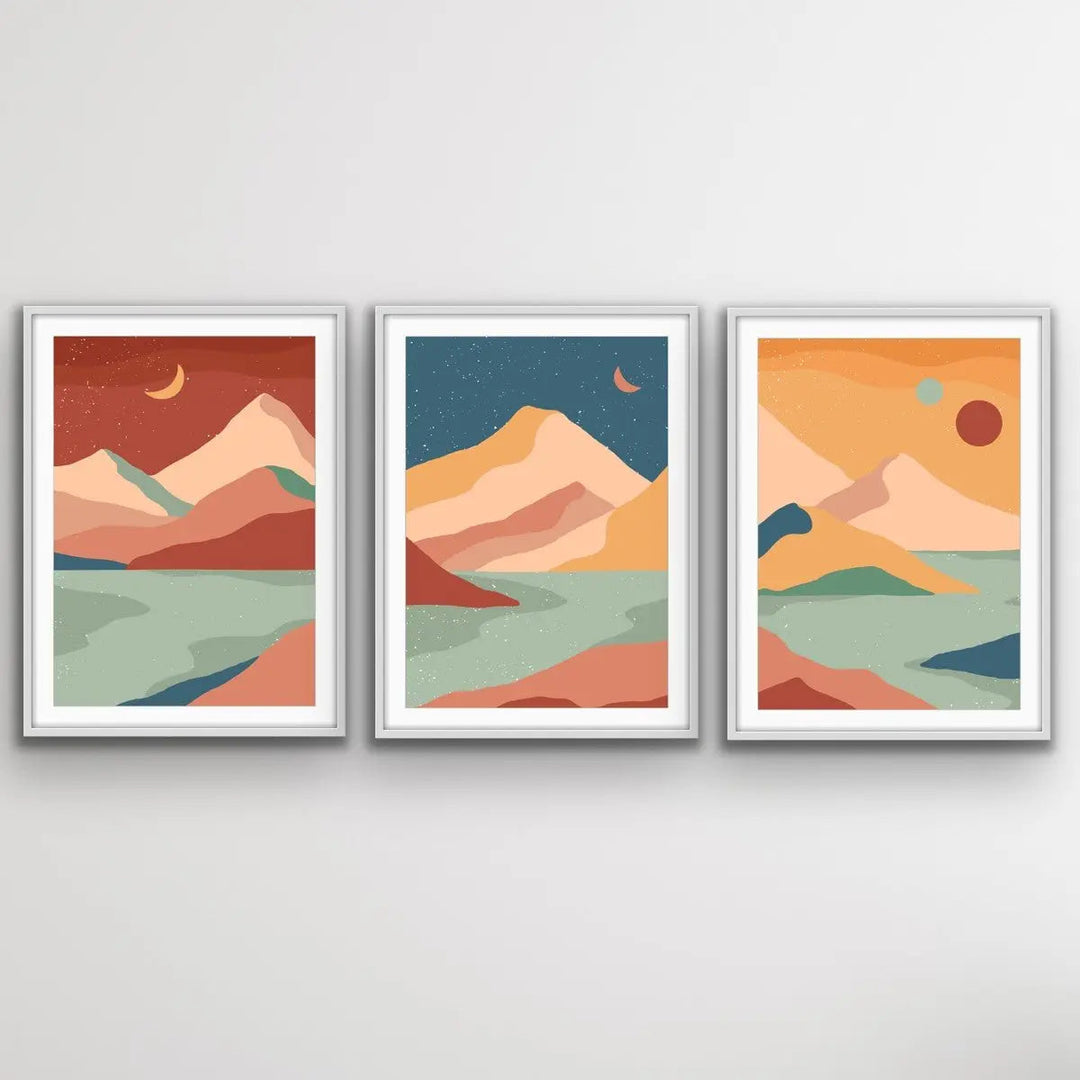 Boho Mountain Surreal Landscape Three Piece Art and Canvas Print Set Triptych - I Heart Wall Art - Poster Print, Canvas Print or Framed Art Print