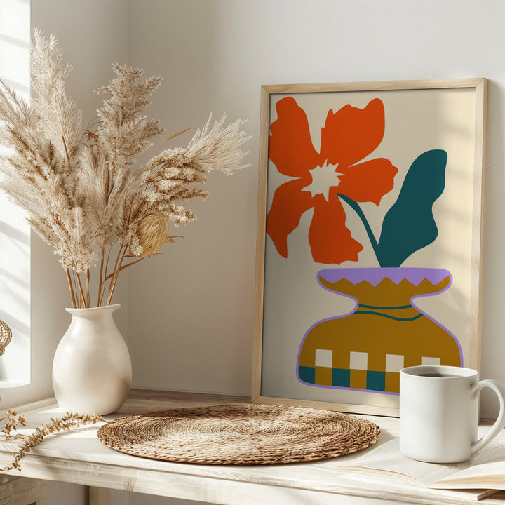 Bold Blooms In a Patterned Vase - Stretched Canvas, Poster or Fine Art Print I Heart Wall Art
