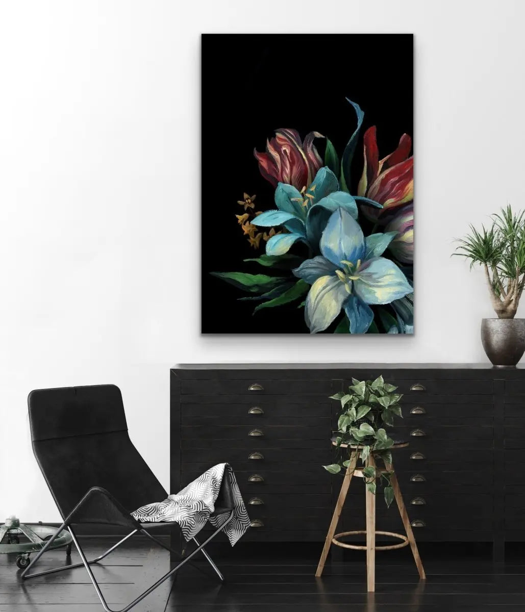 Bouquet On Black In Blue Stretched Canvas Print - I Heart Wall Art - Poster Print, Canvas Print or Framed Art Print