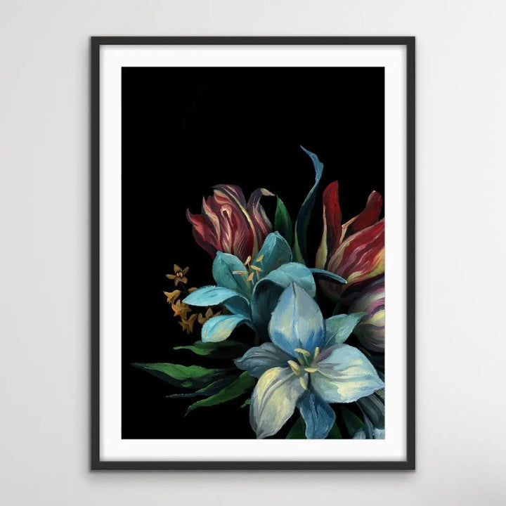 Bouquet On Black In Blue Stretched Canvas Print - I Heart Wall Art - Poster Print, Canvas Print or Framed Art Print