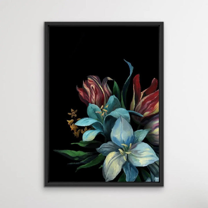Bouquet On Black In Blue Stretched Canvas Print - I Heart Wall Art - Poster Print, Canvas Print or Framed Art Print
