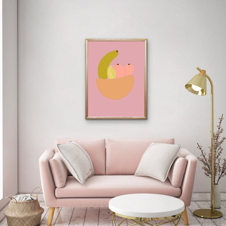 Bowl of Goodness - Fruit Bowl with Pink Background, Stretched Canvas or Wall Art Print - I Heart Wall Art - Poster Print, Canvas Print or Framed Art Print