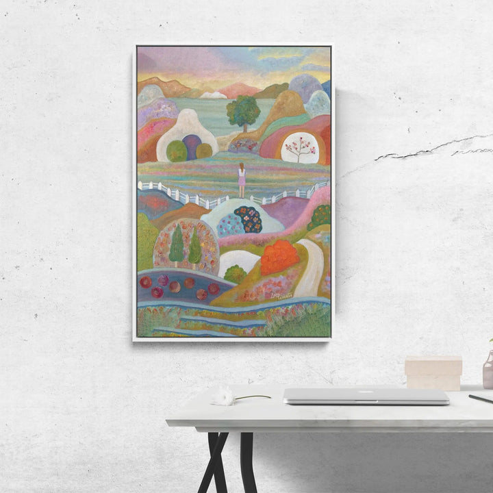 Breaking out by angeles m pomata colorful whimsical landscape pastel hills lone figure stylised farm kids print
