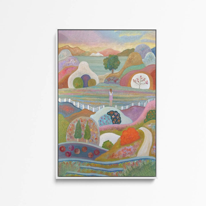 Breaking out by angeles m pomata stylised farm kids print featuring a pastel and earthy abstract landscape with a lone figure
