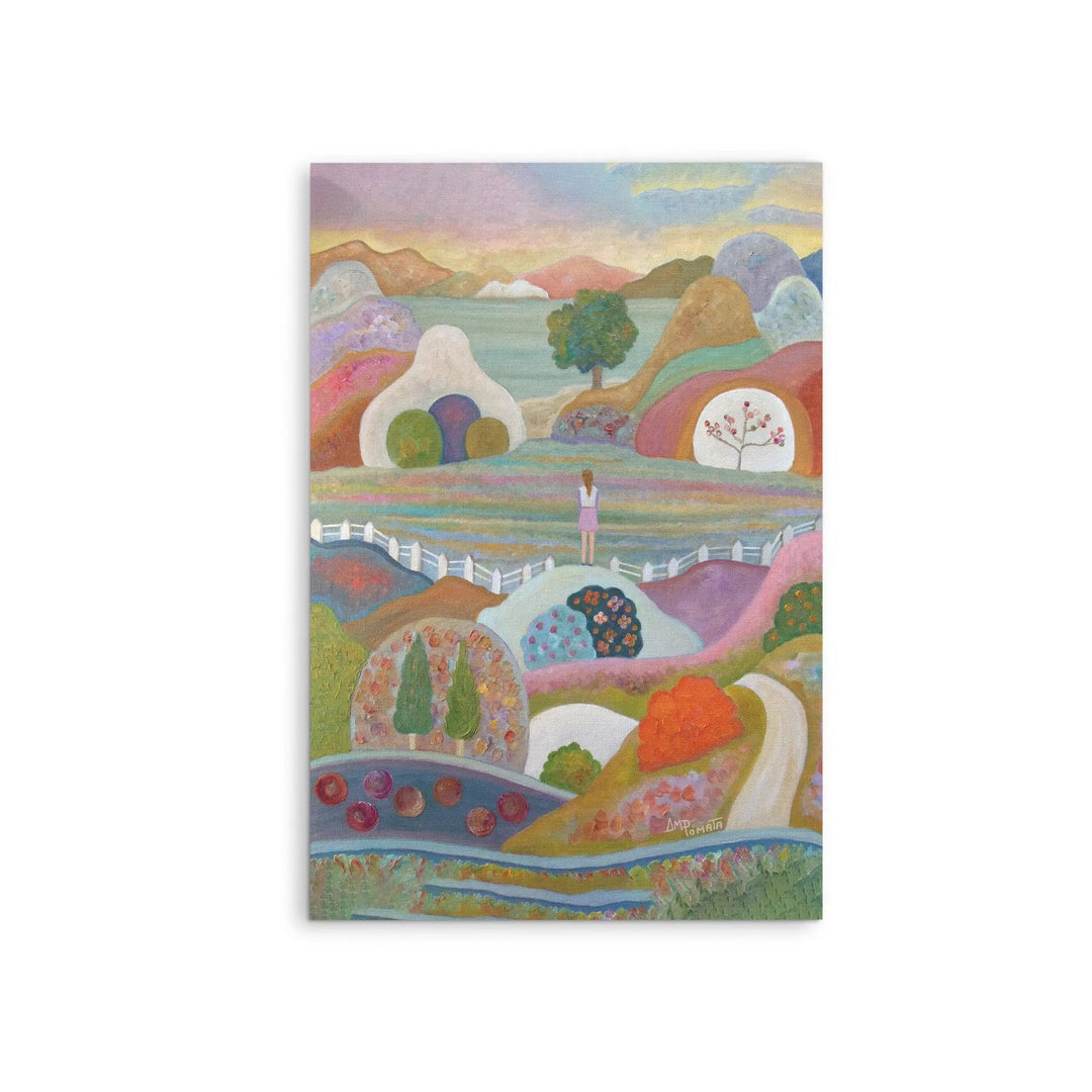 A colorful abstract landscape painting with rolling hills trees and a lone figure in pastel tones fine art print by Angeles M Pomata