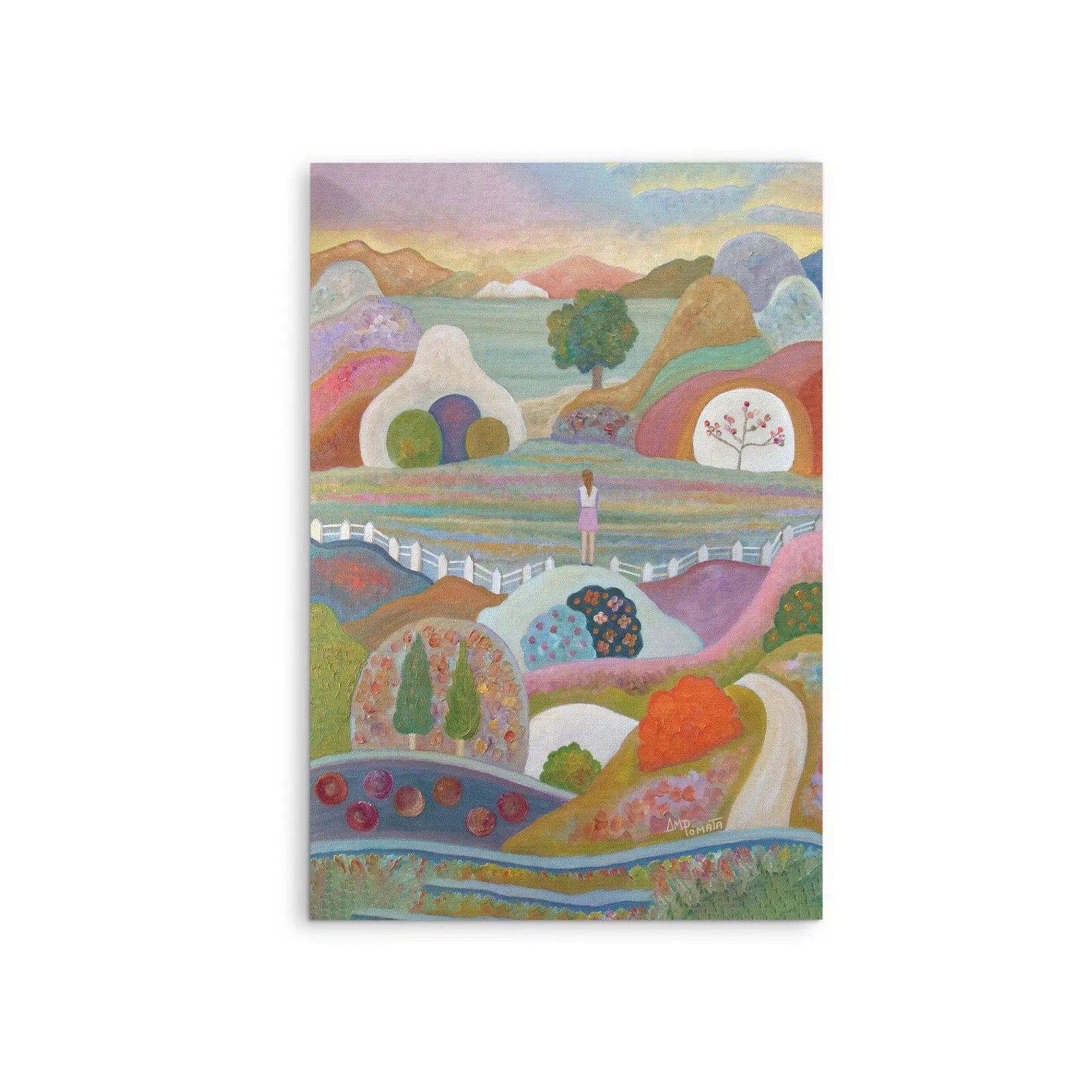 A colorful abstract landscape painting with rolling hills trees and a lone figure in pastel tones fine art print by Angeles M Pomata