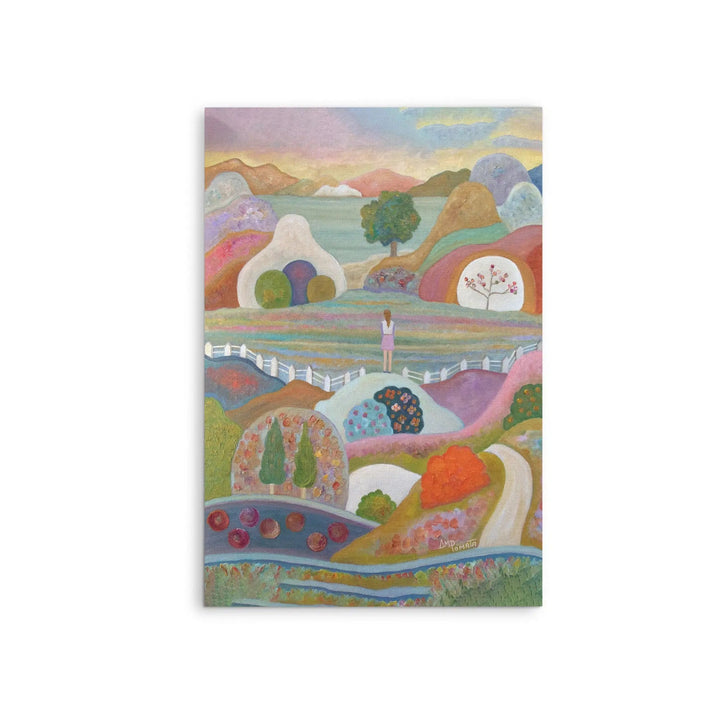 A colorful abstract landscape painting with rolling hills trees and a lone figure in pastel tones fine art print by Angeles M Pomata