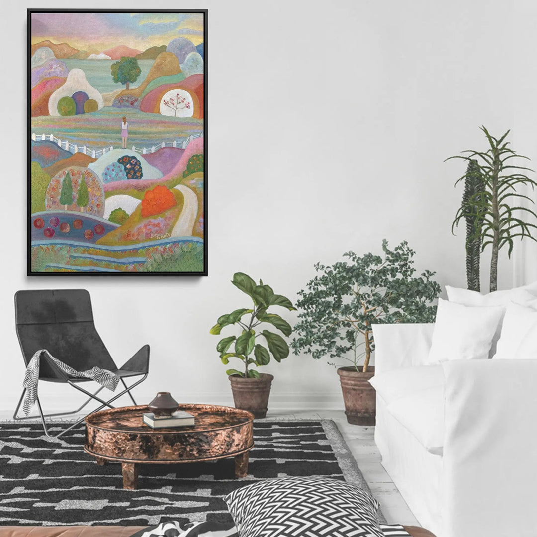 A vibrant framed fine art print breaking out by Angeles M Pomata featuring colorful hills and whimsical shapes