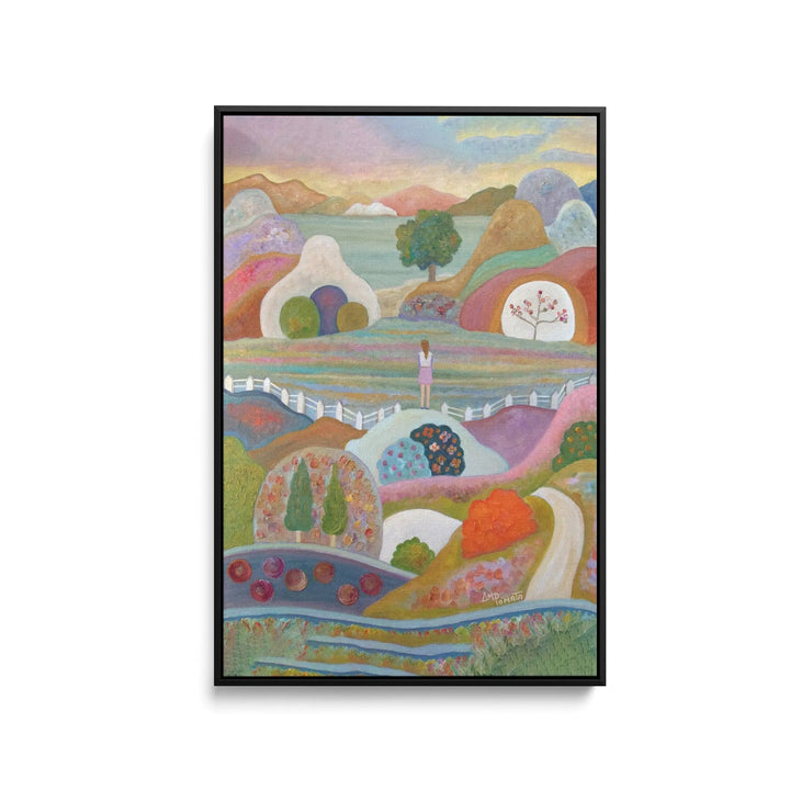 A framed colorful abstract landscape print titled Breaking Out by Angeles M Pomata features rolling hills and stylized trees