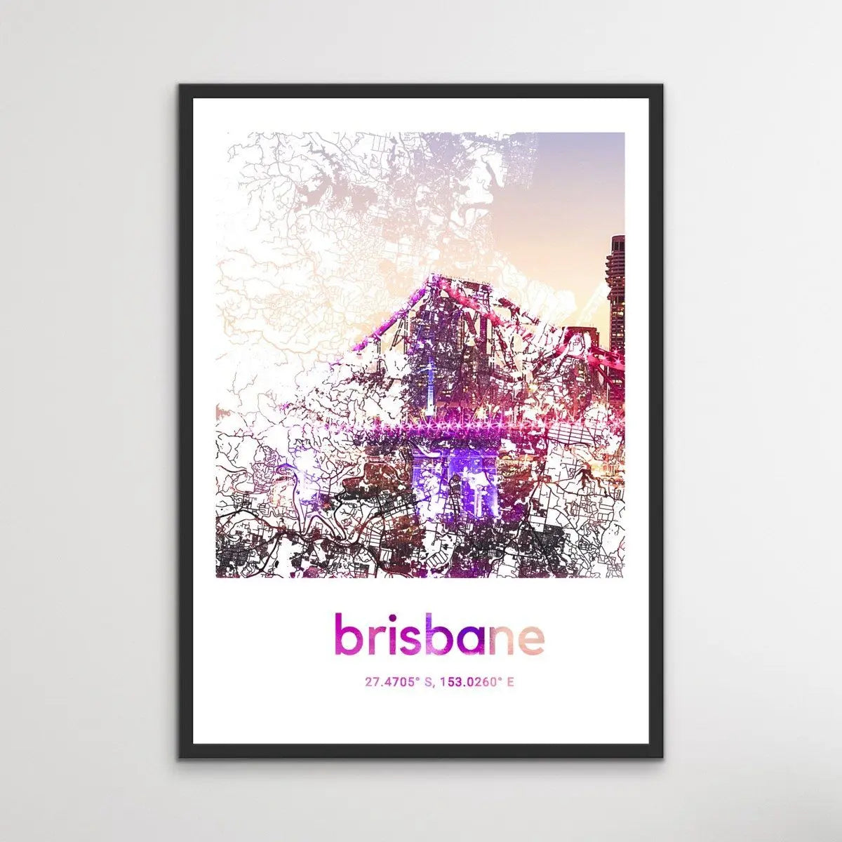 Brisbane Skyline Map - I Heart Wall Art - Poster Print, Canvas Print or Framed Art Print
