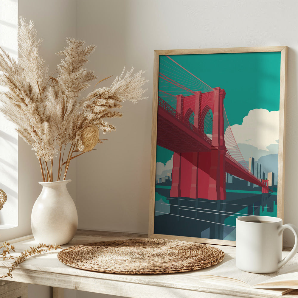 Brooklyn Bridge NYC Red - Stretched Canvas, Poster or Fine Art Print I Heart Wall Art