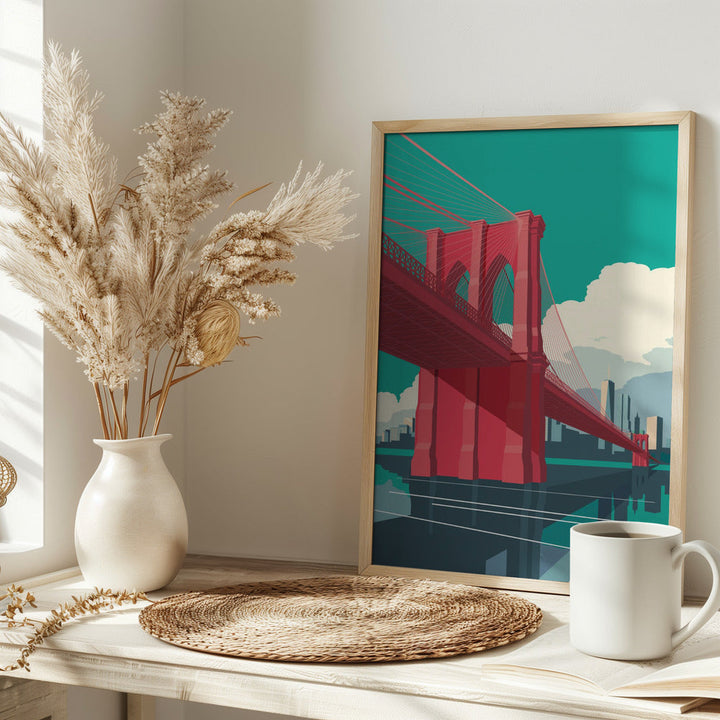 Brooklyn Bridge NYC Red - Stretched Canvas, Poster or Fine Art Print I Heart Wall Art