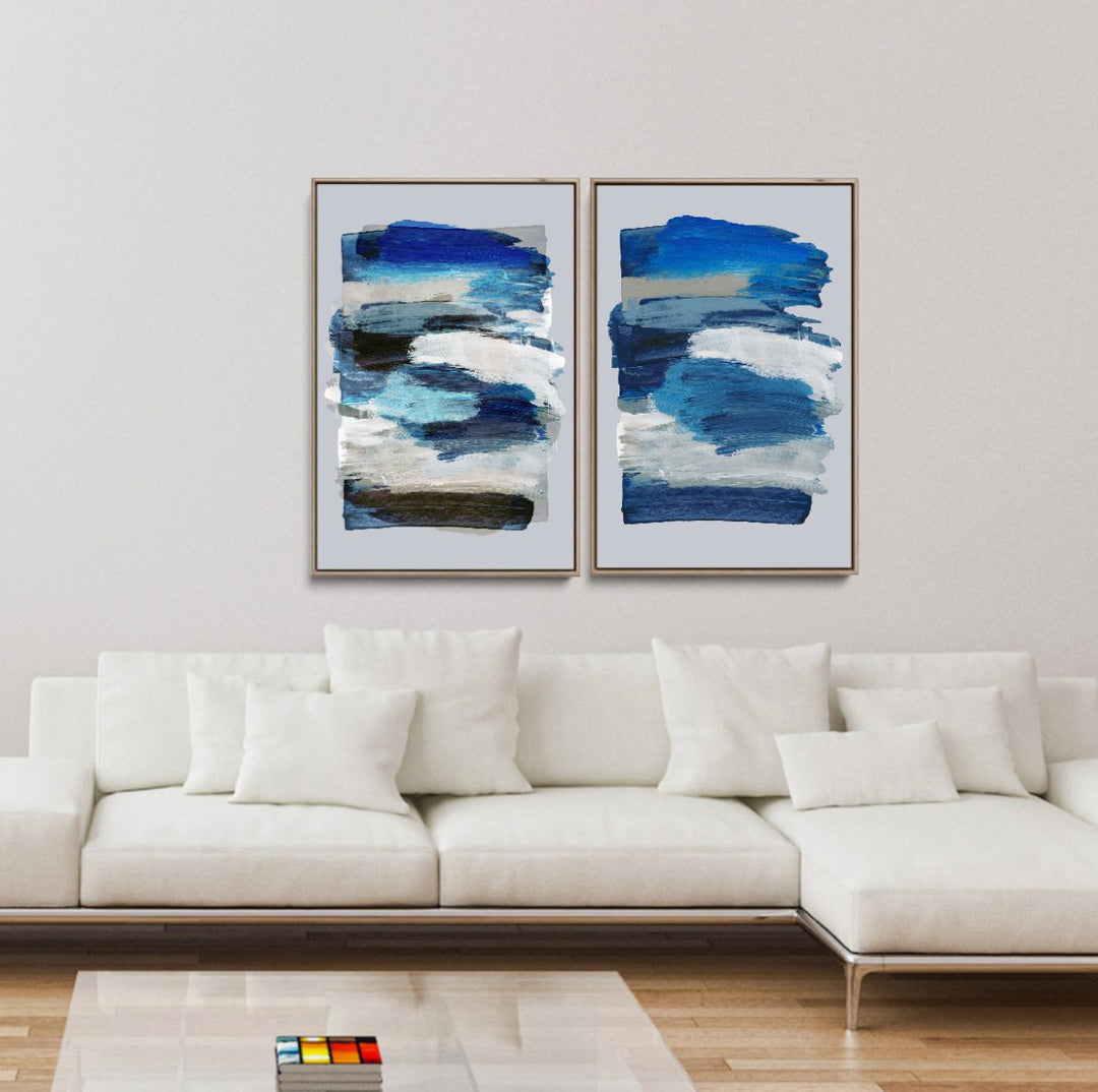 BrushStrokes 78 x 78Y by Marieke Bohmer - Abstract Two Piece Set, Contemporary Blue &amp; Red Geometric Artworkls - I Heart Wall Art - Poster Print, Canvas Print or Framed Art Print