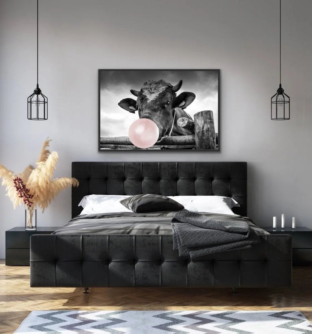 Bubblegum Cow- Stretched Canvas Wall Art Print Black And White - I Heart Wall Art - Poster Print, Canvas Print or Framed Art Print