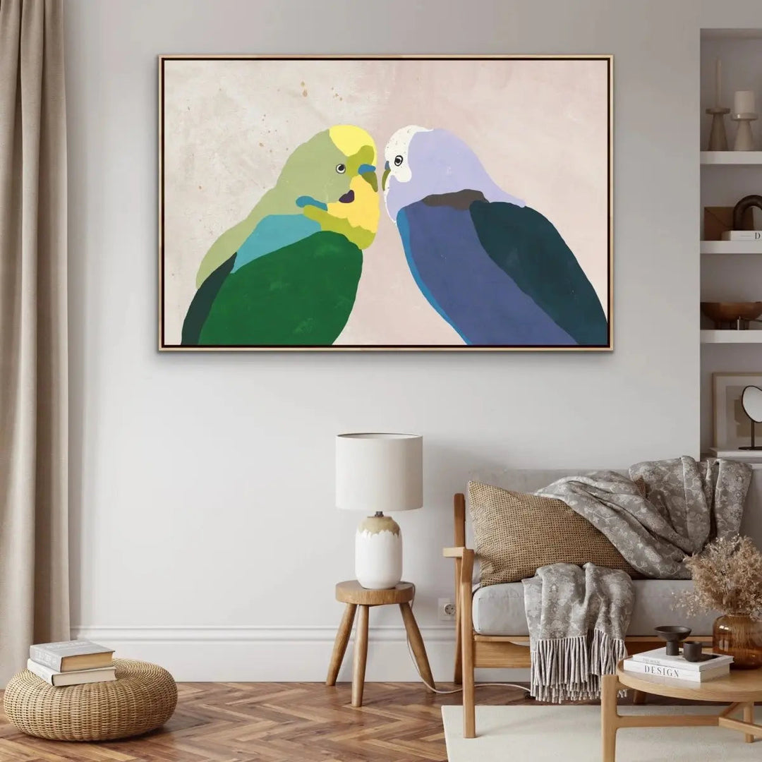 Budgie Kiss - Budgerigar Contemporary Artwork Canvas or Art Print - I Heart Wall Art - Poster Print, Canvas Print or Framed Art Print