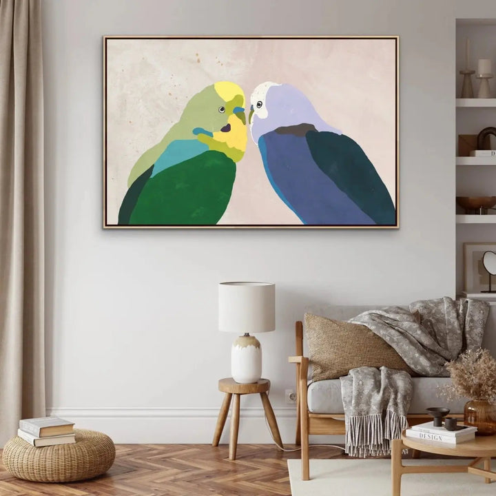 Budgie Kiss - Budgerigar Contemporary Artwork Canvas or Art Print - I Heart Wall Art - Poster Print, Canvas Print or Framed Art Print