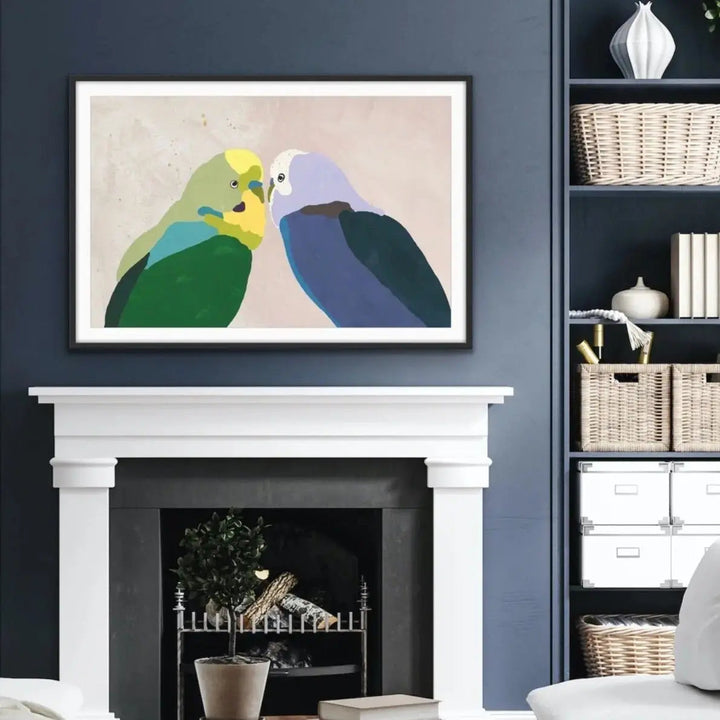 Budgie Kiss - Budgerigar Contemporary Artwork Canvas or Art Print - I Heart Wall Art - Poster Print, Canvas Print or Framed Art Print