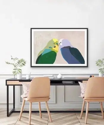 Budgie Kiss - Budgerigar Contemporary Artwork Canvas or Art Print - I Heart Wall Art - Poster Print, Canvas Print or Framed Art Print