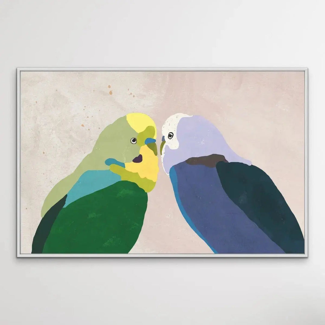Budgie Kiss - Budgerigar Contemporary Artwork Canvas or Art Print - I Heart Wall Art - Poster Print, Canvas Print or Framed Art Print