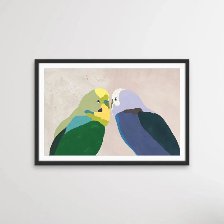 Budgie Kiss - Budgerigar Contemporary Artwork Canvas or Art Print - I Heart Wall Art - Poster Print, Canvas Print or Framed Art Print