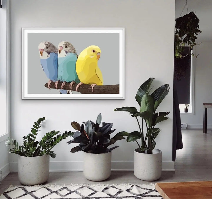 Budgies - Budgerigar and Canary Bright Contemporary Bird Print - I Heart Wall Art - Poster Print, Canvas Print or Framed Art Print