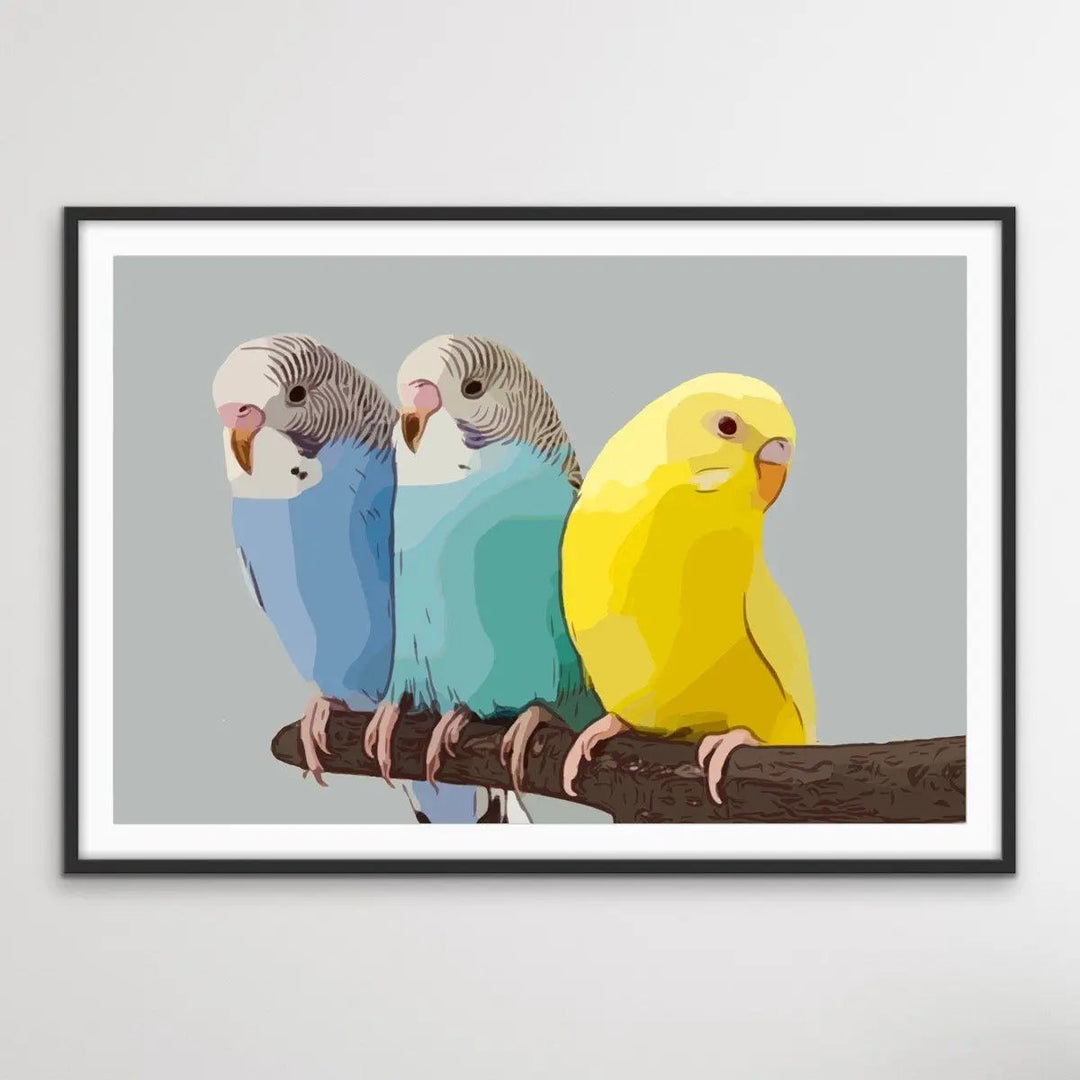 Budgies - Budgerigar and Canary Bright Contemporary Bird Print - I Heart Wall Art - Poster Print, Canvas Print or Framed Art Print