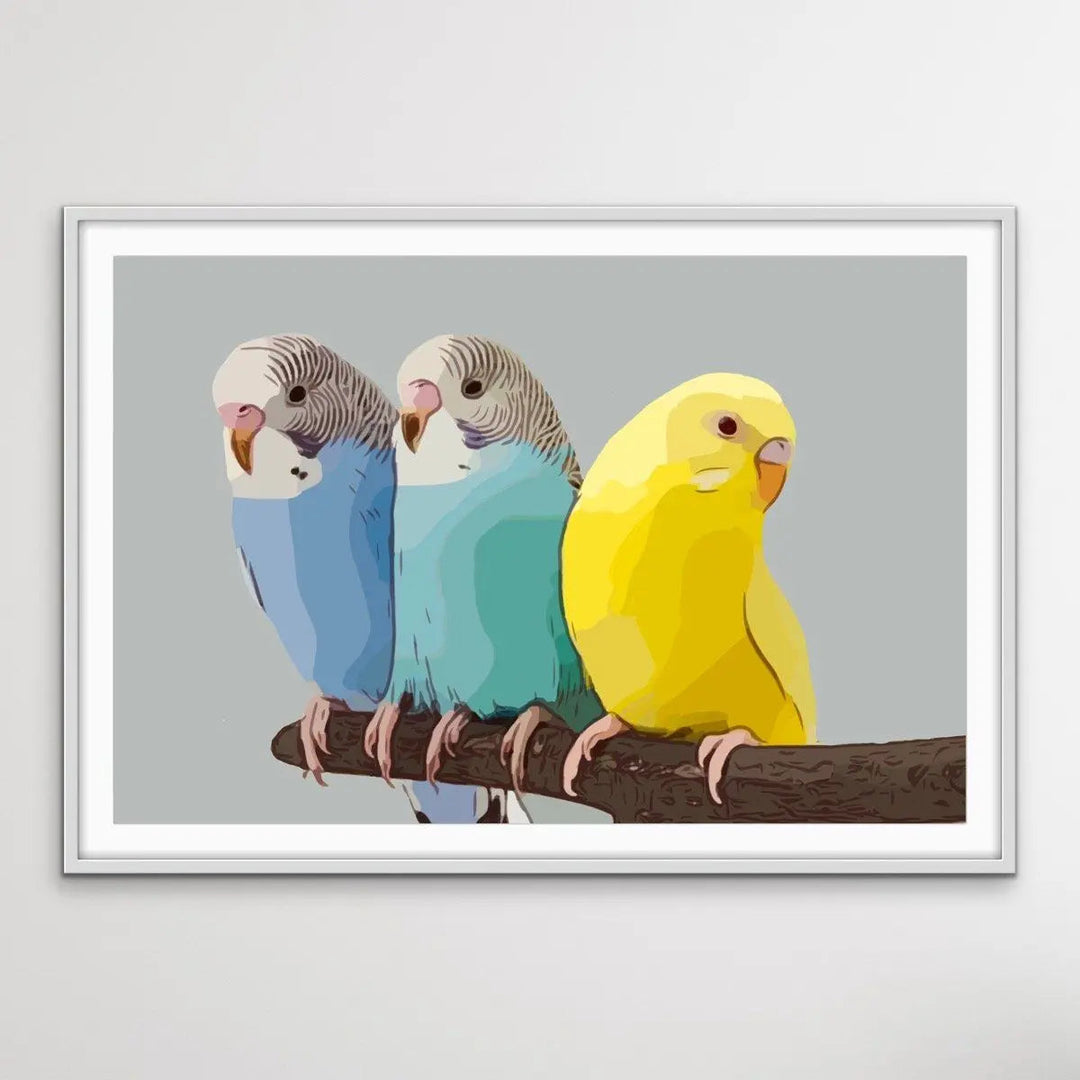 Budgies - Budgerigar and Canary Bright Contemporary Bird Print - I Heart Wall Art - Poster Print, Canvas Print or Framed Art Print