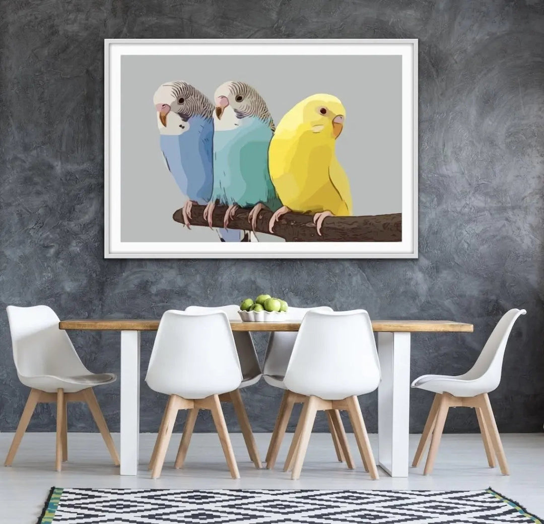 Budgies - Budgerigar and Canary Bright Contemporary Bird Print - I Heart Wall Art - Poster Print, Canvas Print or Framed Art Print