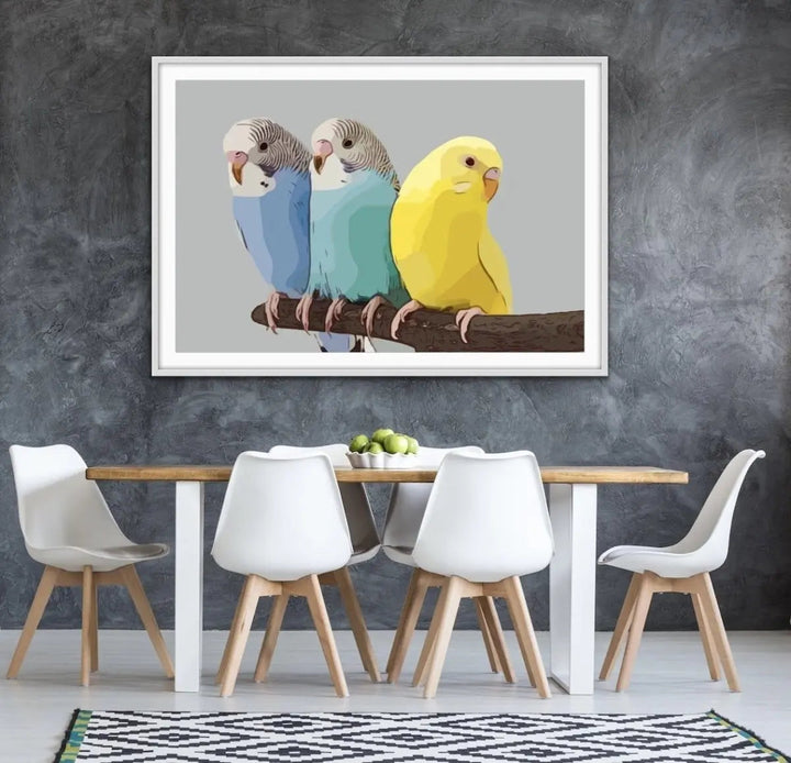 Budgies - Budgerigar and Canary Bright Contemporary Bird Print - I Heart Wall Art - Poster Print, Canvas Print or Framed Art Print
