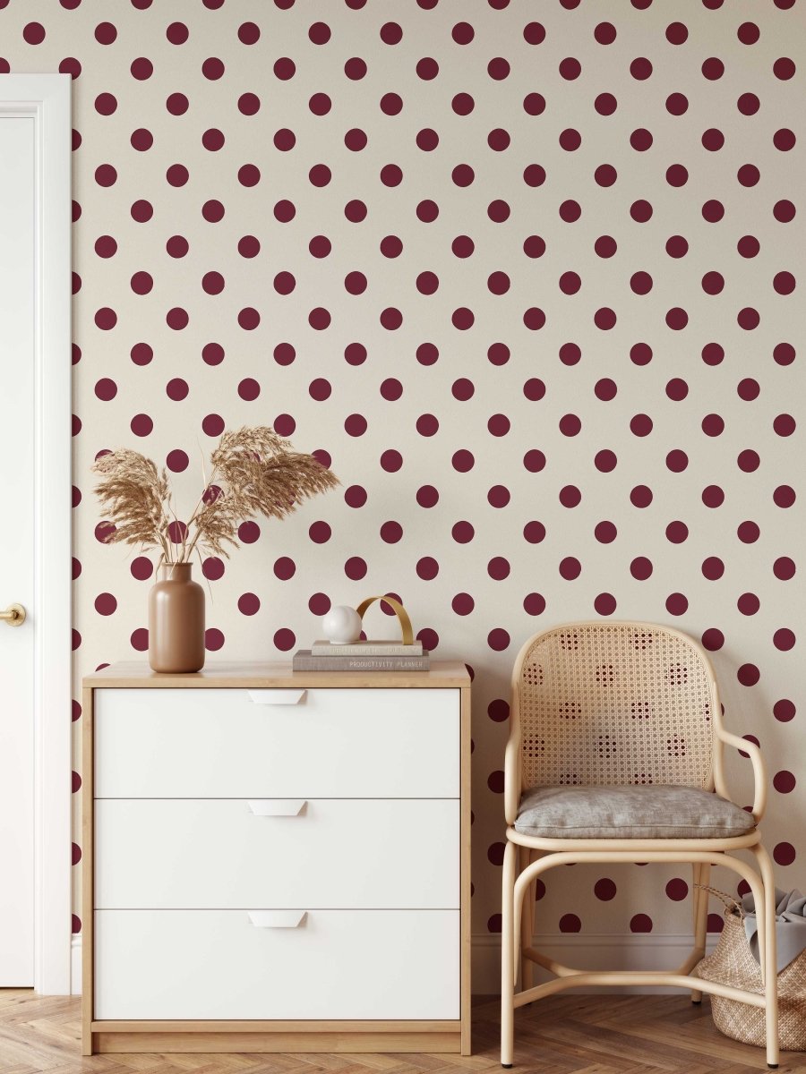 Burgundy and Cream Polka Dot Wallpaper - Quality Peel and Stick Adhesive Wallpaper - I Heart Wall Art - Poster Print, Canvas Print or Framed Art Print